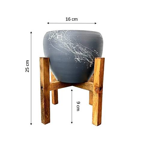 Bitki Tasarımı Gri Üzeri Beyaz Mermer Efektli Toprak Saksı Saksılık Salon Çiçeklik 4 Ayaklı - 15 Cm