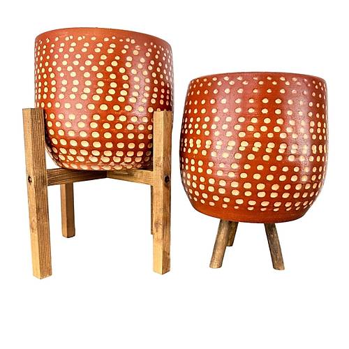 Bitki Tasarımı Beyaz Nokta Desenli Toprak Saksı Saksılık Salon Çiçeklik İkili Set 3 Ayaklı- 4 Ayaklı- 19 CM