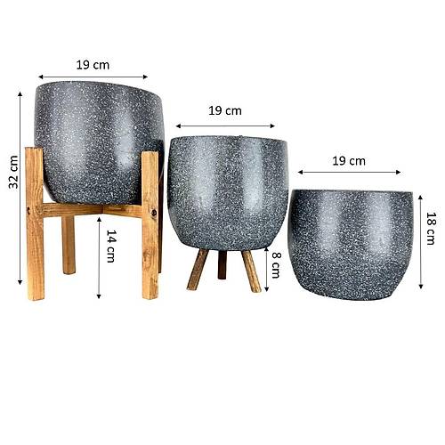 Bitki Tasarımı Gri Granit Toprak Saksı Saksılık Salon Çiçeklik Üçlü Set- 19 CM