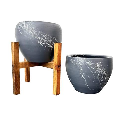 Bitki Tasarımı Gri Üzeri Beyaz Mermer Efektli Toprak Saksı Saksılık Salon Çiçeklik İkili Set Ayaksız - 4 Ayaklı- 15 Cm