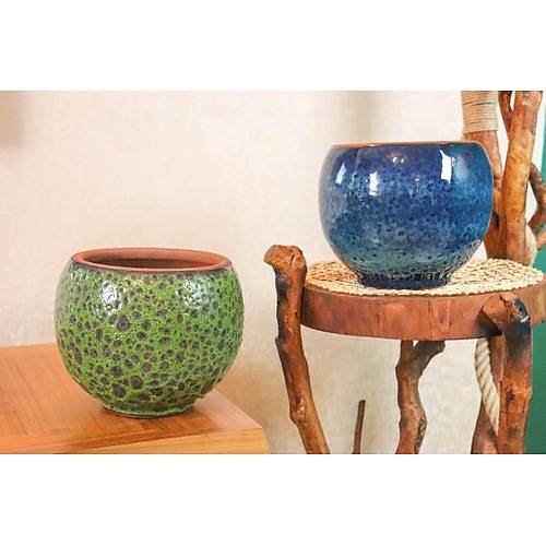 Bitki Tasarımı Yeşil Şekilli Ve Okyanus Mavisi Artistik Çift Sırlı İç Ve Dış Mekan Kullanımlı Toprak Terrakota Saksı Saksılık Salon Çiçeklik İkili Set