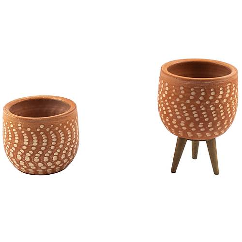 Bitki Tasarımı Ev Dekorasyon Beyaz Nokta Desenli Terakota Toprak Saksı Saksılık Salon Çiçeklik İkili Set Ayaksız, 3 Ayaklı 12 Cm