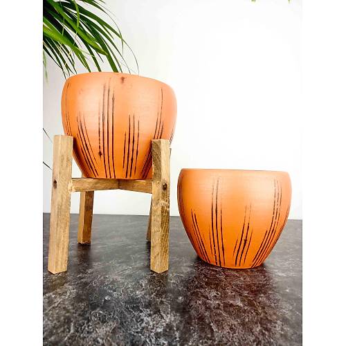 Bitki Tasarımı Siyah Çizgi Desenli Terrakota Toprak Saksı Saksılık Salon Çiçeklik İkili Set Ayaksız - 4 Ayaklı- 15 Cm