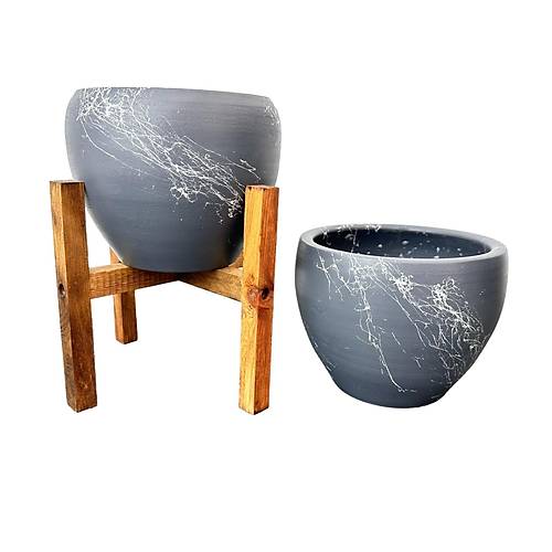 Bitki Tasarımı Gri Üzeri Beyaz Mermer Efektli Toprak Saksı Saksılık Salon Çiçeklik İkili Set Ayaksız - 4 Ayaklı- 15 Cm