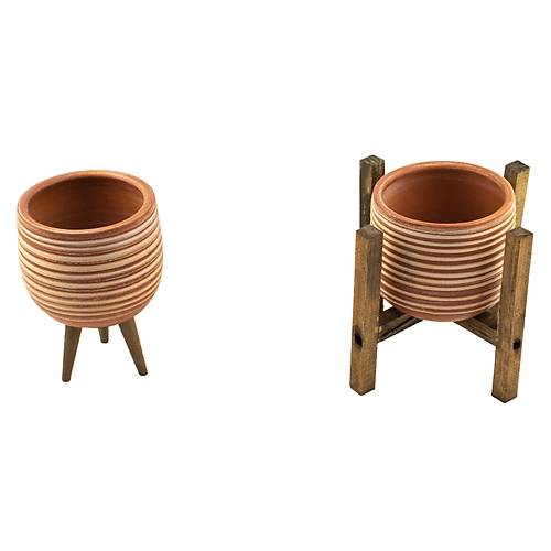 Beyaz Çizgi Desenli Terakota Toprak Saksı Saksılık Salon Çiçeklik Set 3 Ayaklı, 4 Ayaklı 12 Cm