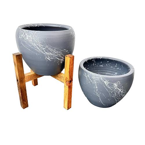 Bitki Tasarımı Gri Üzeri Beyaz Mermer Efektli Toprak Saksı Saksılık Salon Çiçeklik İkili Set Ayaksız - 4 Ayaklı- 15 Cm