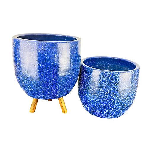 Bitki Tasarımı Lacivert Granit Toprak Saksı Saksılık Salon Çiçeklik İkili Set Ayaksız - 3 Ayaklı- 19 CM