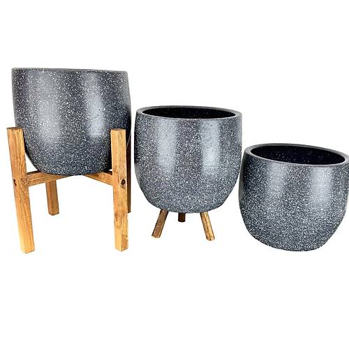 Bitki Tasarımı Gri Granit Toprak Saksı Saksılık Salon Çiçeklik Üçlü Set- 19 CM