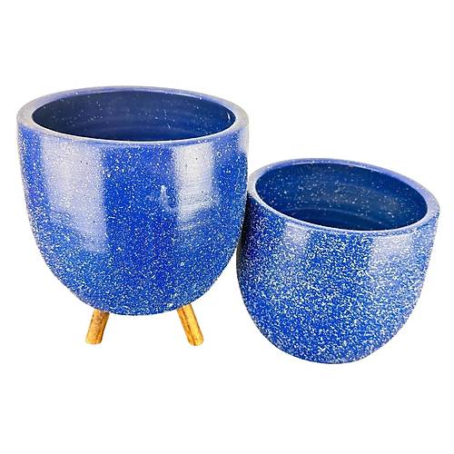 Bitki Tasarımı Lacivert Granit Toprak Saksı Saksılık Salon Çiçeklik İkili Set Ayaksız - 3 Ayaklı- 19 CM