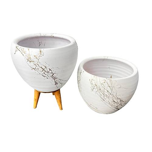 Bitki Tasarımı Beyaz Üzeri Gold Mermer Efektli Toprak Saksı Saksılık Salon Çiçeklik İkili Set Ayaksız - 3 Ayaklı- 15 Cm