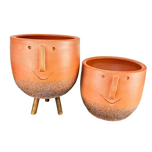 Bitki Tasarımı  Surat Desenli Toprak Saksı Saksılık Salon Çiçeklik İkili Set Ayaksız - 3 Ayaklı- 19 CM