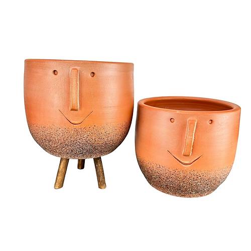 Bitki Tasarımı  Surat Desenli Toprak Saksı Saksılık Salon Çiçeklik İkili Set Ayaksız - 3 Ayaklı- 19 CM