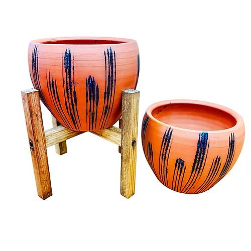 Bitki Tasar�m� Siyah �izgi Desenli Terrakota Toprak Saks� Saks�l�k Salon �i�eklik �kili Set Ayaks�z - 4 Ayakl�- 15 Cm