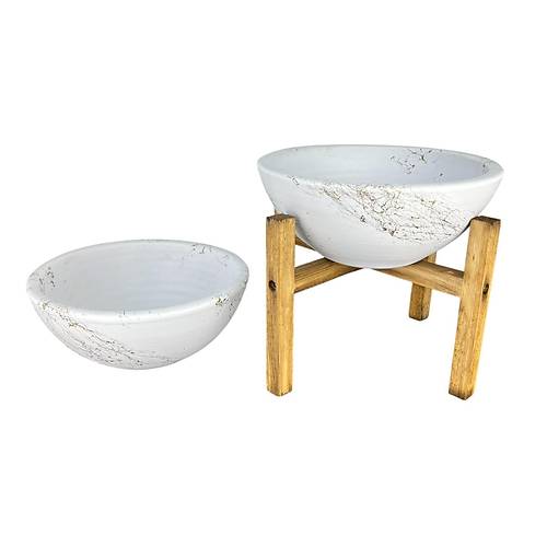 Bitki Tasarm Ev Dekorasyon Beyaz zeri Gold Mermer Efektli Aranjman Sunumluk Toprak Saks Ayaksz Ve 4 Ayakl kili Set 20 Cm ap