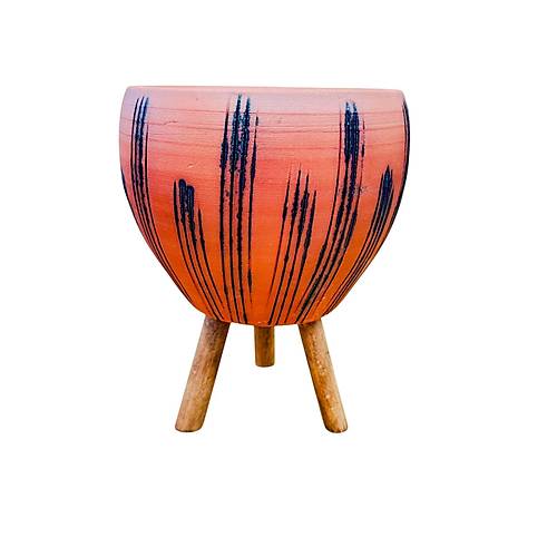 Bitki Tasar�m� Siyah �izgi Desenli Terrakota Toprak Saks� Saks�l�k Salon �i�eklik 3 Ayakl� - 15 Cm