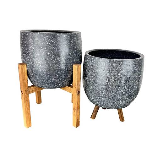 Bitki Tasarm  Gri Granit Toprak Saks Sakslk Salon ieklik kili Set 3 Ayakl- 4 Ayakl- 19 CM