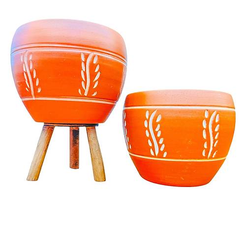 Bitki Tasar�m� Nak�� Desenli Terrakota Toprak Saks� Saks�l�k Salon �i�eklik �kili Set Ayaks�z - 3 Ayakl�- 15 Cm