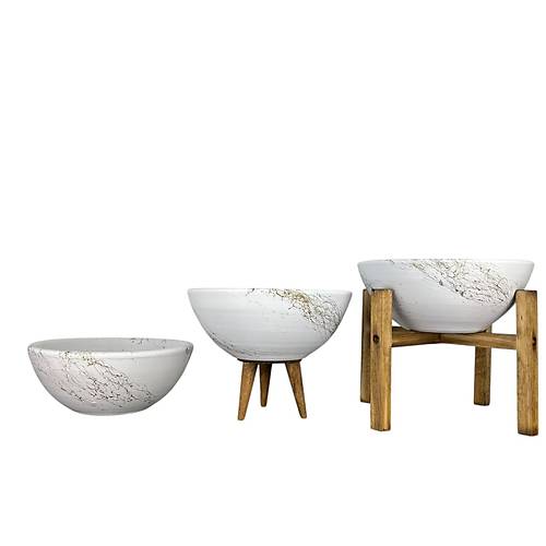 Bitki Tasarm Ev Dekorasyon Beyaz zeri Gold Mermer Efektli Aranjman Sunumluk Toprak Saks l Set 20 Cm ap