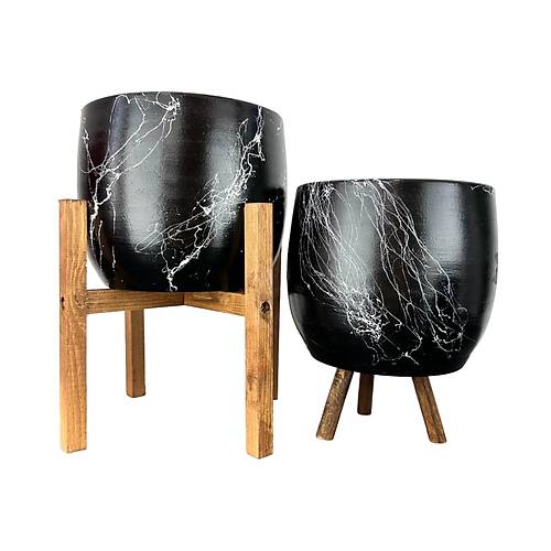 Bitki Tasarm Siyah zeri Beyaz Mermer Efektli Toprak Saks Sakslk Salon ieklik kili Set 3 Ayakl- 4 Ayakl- 19 CM