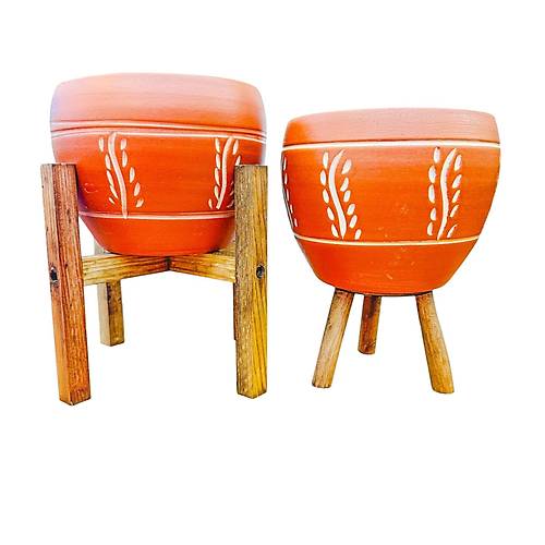 Bitki Tasar�m� Nak�� Desenli Terrakota Toprak Saks� Saks�l�k Salon �i�eklik �kili Set 3 Ayakl�- 4 Ayakl�- 15 Cm