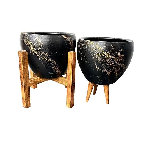 Bitki Tasarm Siyah zeri Gold Mermer Efektli Toprak Saks Sakslk Salon ieklik kili Set 3 Ayakl- 4 Ayakl- 15 Cm