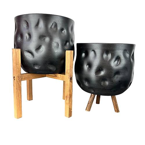 Bitki Tasarm Ev Dekorasyon Aksesuar Siyah Desenli Toprak Saks Sakslk Salon ieklik kili Set 4 Ayak -3 Ayakl 19 CM