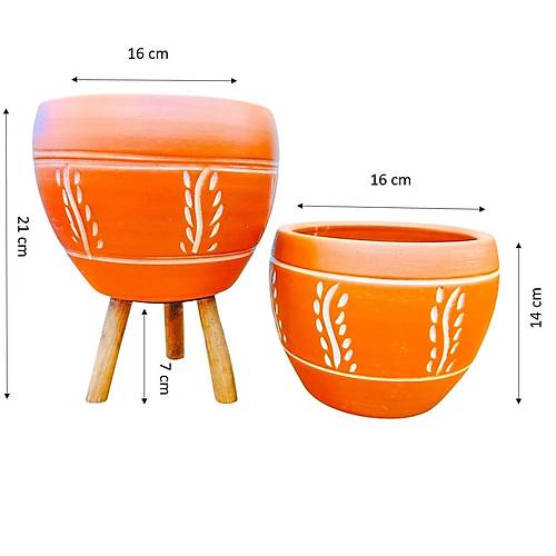 Bitki Tasar�m� Nak�� Desenli Terrakota Toprak Saks� Saks�l�k Salon �i�eklik �kili Set Ayaks�z - 3 Ayakl�- 15 Cm