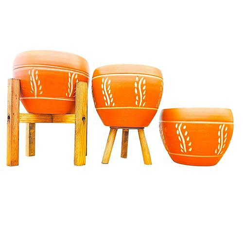 Bitki Tasar�m� Nak�� Desenli Terrakota Toprak Saks� Saks�l�k Salon �i�eklik ��l� Set - 15 Cm