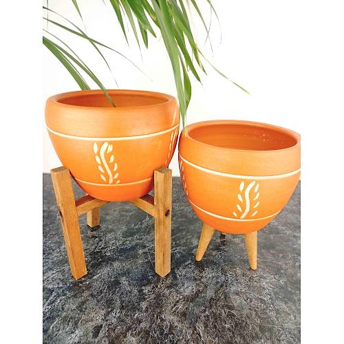 Bitki Tasarm Nak Desenli Terrakota Toprak Saks Sakslk Salon ieklik kili Set 3 Ayakl- 4 Ayakl- 15 Cm