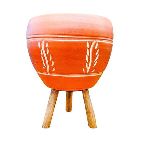 Bitki Tasar�m� Nak�� Desenli Terrakota Toprak Saks� Saks�l�k Salon �i�eklik 3 Ayakl� - 15 Cm