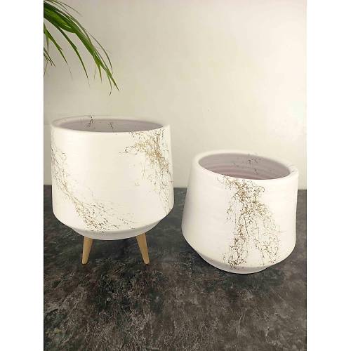 Bitki Tasarm Beyaz zeri Gold Mermer Efektli Keskin Hatl Toprak Saks Sakslk Salon ieklik kili Set Ayaksz - 3 Ayakl- 19 CM