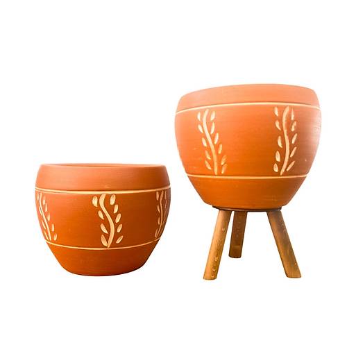 Bitki Tasar�m� Nak�� Desenli Terrakota Toprak Saks� Saks�l�k Salon �i�eklik �kili Set Ayaks�z - 3 Ayakl�- 15 Cm