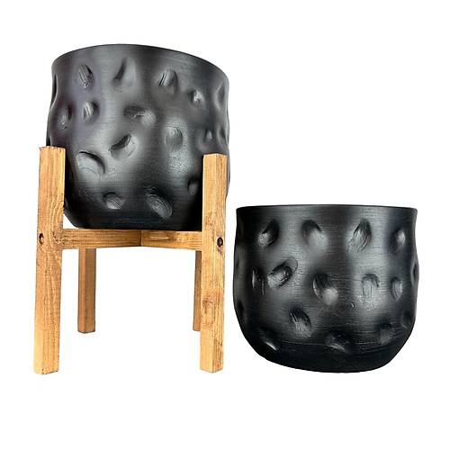 Bitki Tasarm Ev Dekorasyon Aksesuar Siyah Desenli Toprak Saks Sakslk Salon ieklik kili Set 4 Ayakl - Ayaksz 19 CM