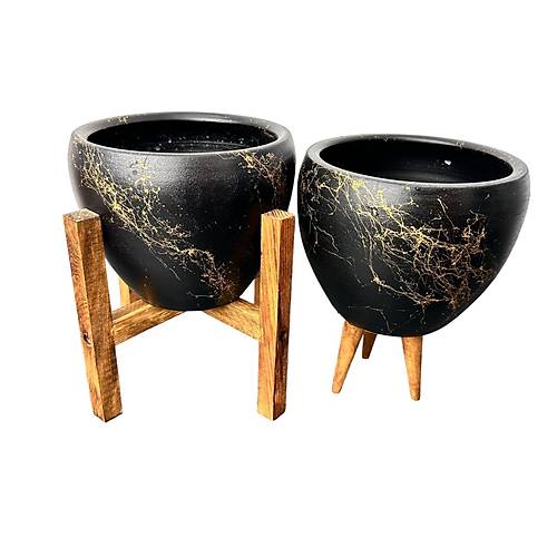 Bitki Tasarm Siyah zeri Gold Mermer Efektli Toprak Saks Sakslk Salon ieklik kili Set 3 Ayakl- 4 Ayakl- 15 Cm