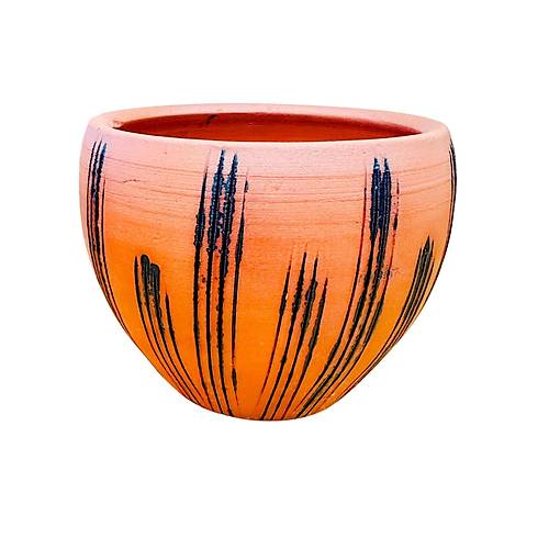 Bitki Tasar�m� Siyah �izgi Desenli Terrakota Toprak Saks� Saks�l�k Salon �i�eklik - 15 Cm