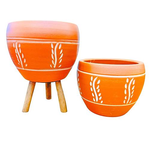 Bitki Tasar�m� Nak�� Desenli Terrakota Toprak Saks� Saks�l�k Salon �i�eklik �kili Set Ayaks�z - 3 Ayakl�- 15 Cm