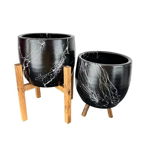 Bitki Tasarm Siyah zeri Beyaz Mermer Efektli Toprak Saks Sakslk Salon ieklik kili Set 3 Ayakl- 4 Ayakl- 19 CM