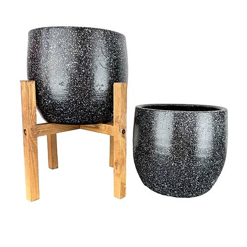 Bitki Tasarm Ev Dekorasyon Aksesuar Siyah Granit Toprak Saks Sakslk Salon ieklik kili Set Ayaksz - 4 Ayakl- 19 CM