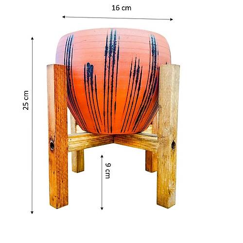 Bitki Tasar�m� Siyah �izgi Desenli Terrakota Toprak Saks� Saks�l�k Salon �i�eklik 4 Ayakl� - 15 Cm