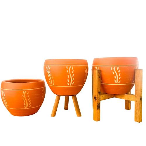 Bitki Tasar�m� Nak�� Desenli Terrakota Toprak Saks� Saks�l�k Salon �i�eklik ��l� Set - 15 Cm