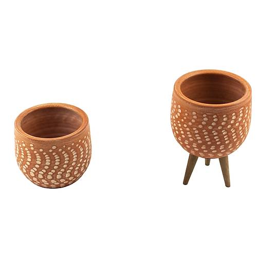 Bitki Tasarm Ev Dekorasyon Beyaz Nokta Desenli Terakota Toprak Saks Sakslk Salon ieklik kili Set Ayaksz, 3 Ayakl 12 Cm