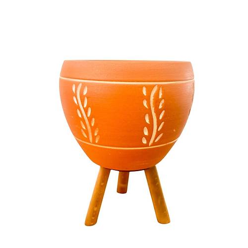 Bitki Tasar�m� Nak�� Desenli Terrakota Toprak Saks� Saks�l�k Salon �i�eklik 3 Ayakl� - 15 Cm
