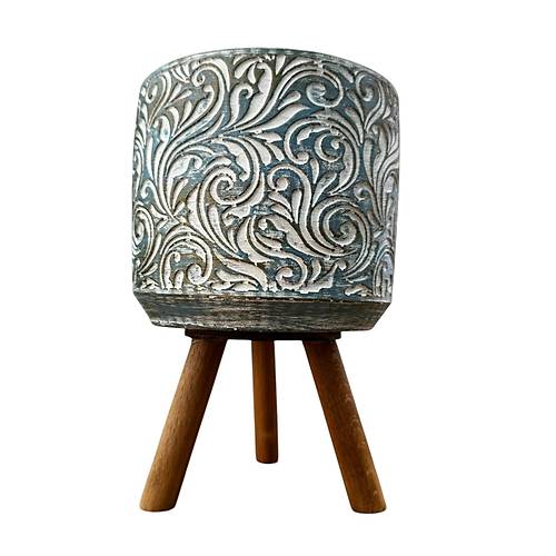 Bitki Tasar�m� Ev dekorasyon Mavi Eskitme �i�ek Desen Ayakl� Beton Saks� �i�eklik Saks�l�k