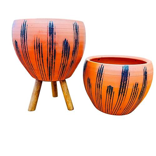 Bitki Tasar�m� Siyah �izgi Desenli Terrakota Toprak Saks� Saks�l�k Salon �i�eklik �kili Set Ayaks�z - 3 Ayakl�- 15 Cm