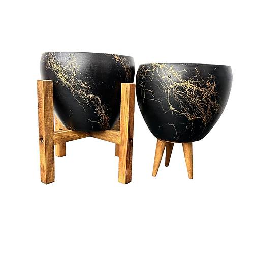Bitki Tasarm Siyah zeri Gold Mermer Efektli Toprak Saks Sakslk Salon ieklik kili Set 3 Ayakl- 4 Ayakl- 15 Cm