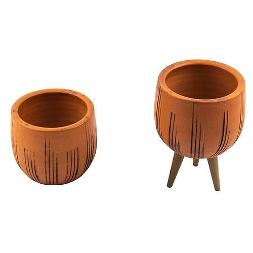 Bitki Tasarm Siyah izgi Desenli Terakota Toprak Saks Sakslk Salon ieklik kili Set Ayaksz, 3 Ayakl 12 Cm