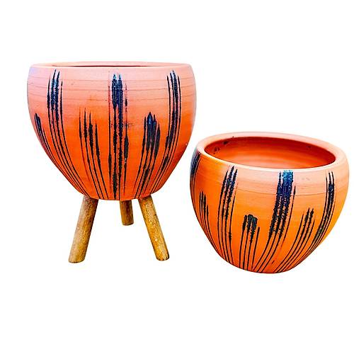 Bitki Tasar�m� Siyah �izgi Desenli Terrakota Toprak Saks� Saks�l�k Salon �i�eklik �kili Set Ayaks�z - 3 Ayakl�- 15 Cm