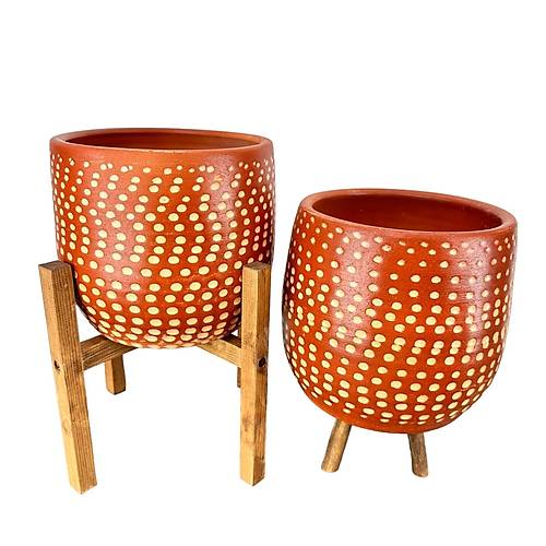 Bitki Tasarm Beyaz Nokta Desenli Toprak Saks Sakslk Salon ieklik kili Set 3 Ayakl- 4 Ayakl- 19 CM
