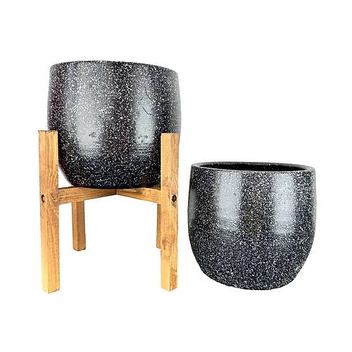 Bitki Tasarm Ev Dekorasyon Aksesuar Siyah Granit Toprak Saks Sakslk Salon ieklik kili Set Ayaksz - 4 Ayakl- 19 CM