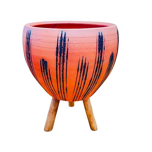 Bitki Tasar�m� Siyah �izgi Desenli Terrakota Toprak Saks� Saks�l�k Salon �i�eklik 3 Ayakl� - 15 Cm